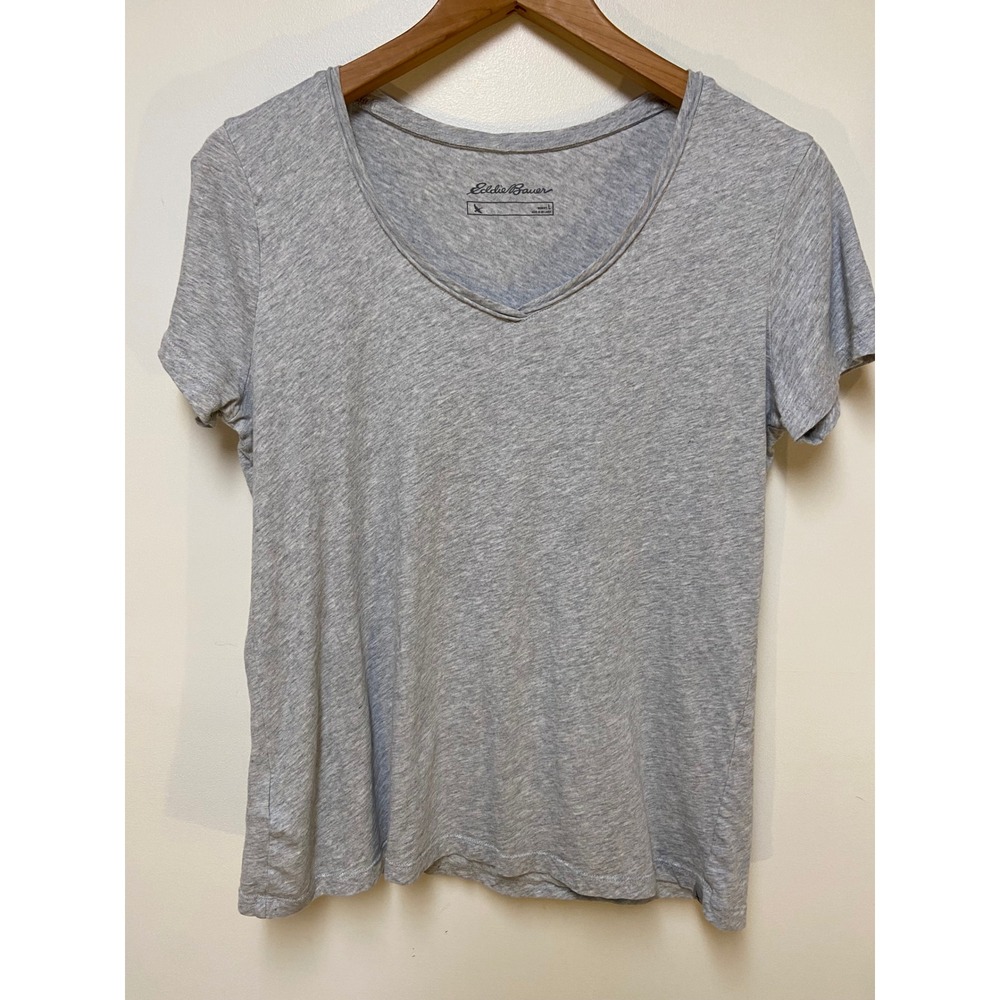 Eddie Bauer V-Neck Tee Women Large Gray Short Sleeve 100% Cotton Basic Top